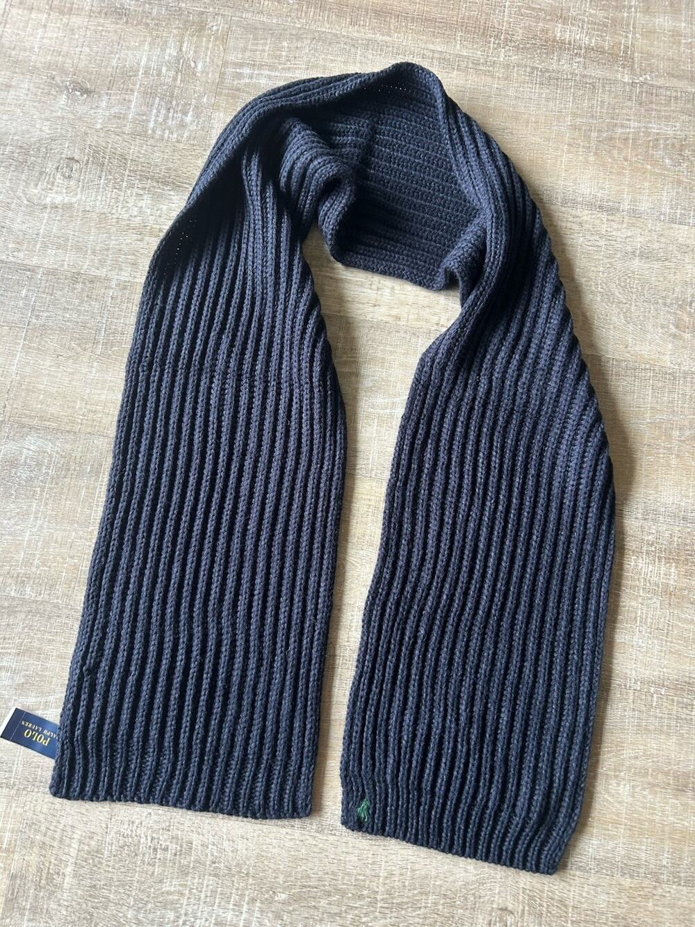 Polo Ralph Lauren Scarf Navy Blue Rib Knit Logo Mens NWT 10x72 Classic Preppy